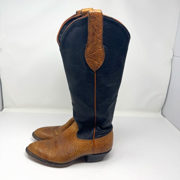 Tony Lama Brown Tan Black Leather Two Tone Tall Cowboy Boots US Size 5.5 - Picture 1 of 7